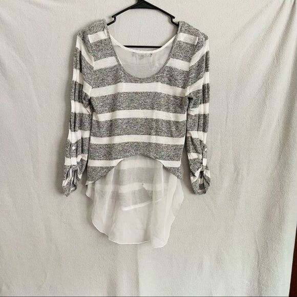 Striped Knit Long Sleeve Top with White Mesh High Low Shirttail - Picture 7 of 7